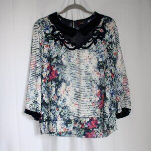 Aleksandra 100% Silk Multicolor Floral Blouse Velvet Collar and Cuffs Lace L 44